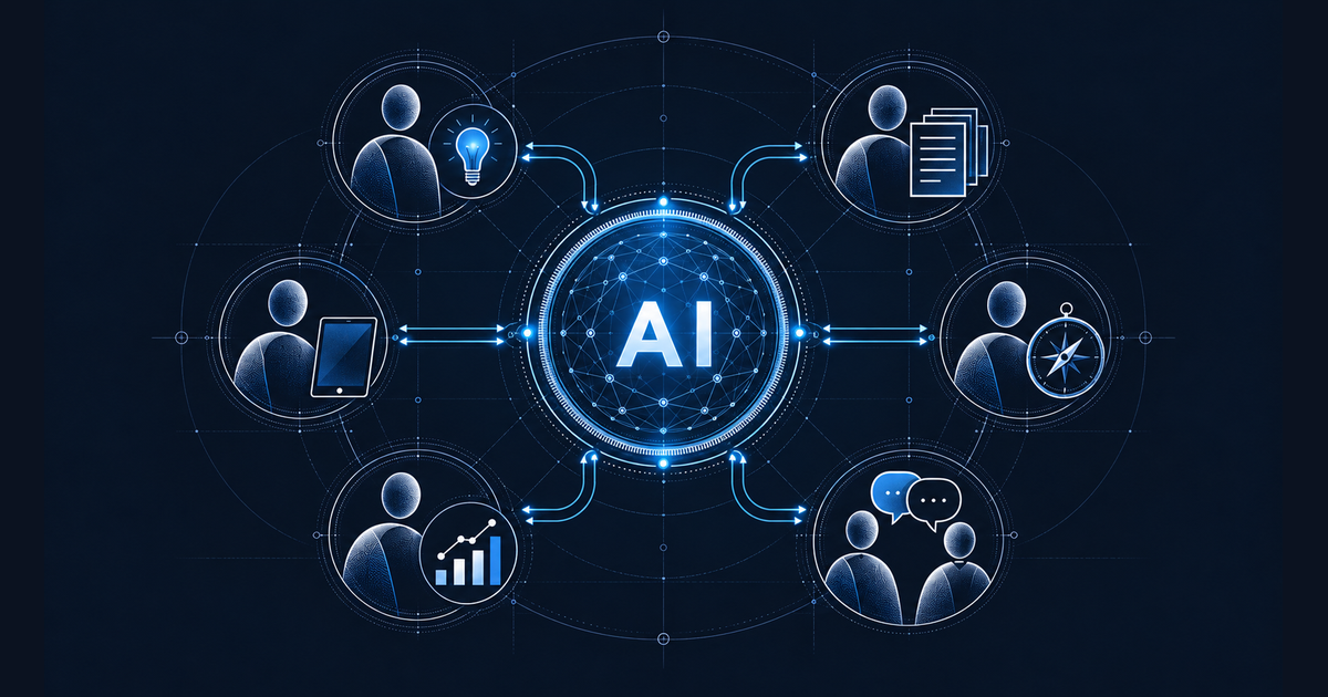 AI в центре компании, люди с идеями и клиентским контекстом вокруг
